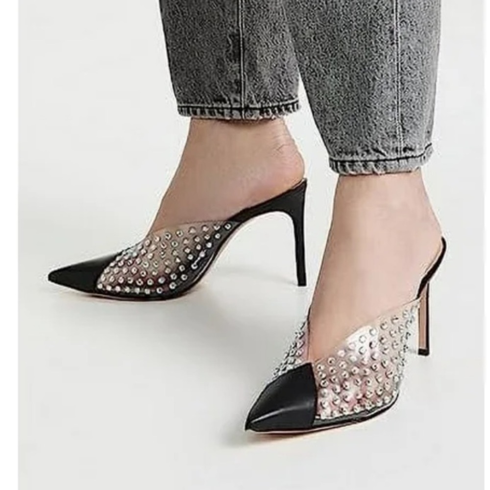 Schutz Greece Black Clear Vamp Rhinestones Stiletto Heel Mule Pumps 9.5 - Picture 2 of 12
